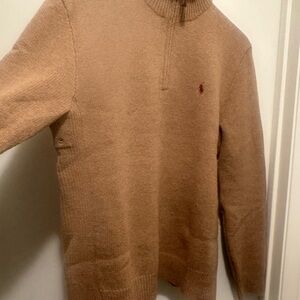 POLO RALPH LAUREN VTG Italian Lambs Wool Sweater Mens Medium 1/4 Zip tan